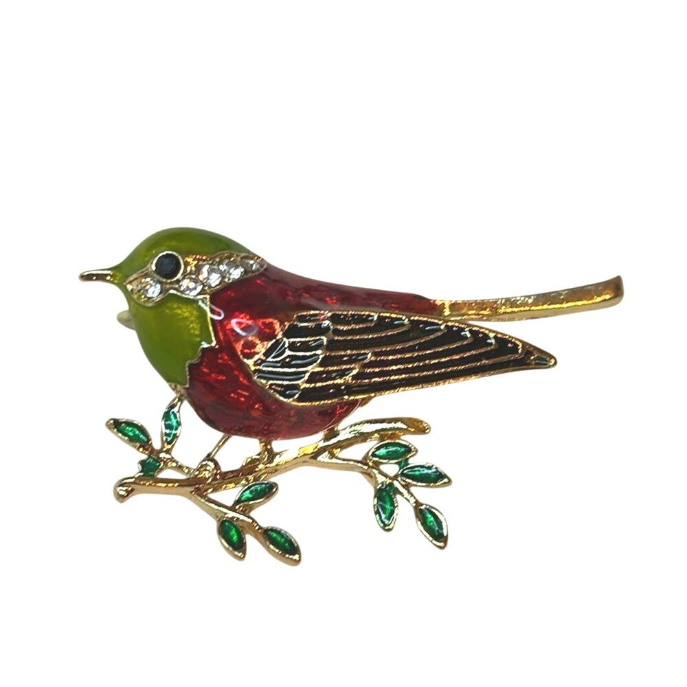 Vintage Enamel Robin Bird Brooch Red Green Gold Tone Rhinestone Accent Pin